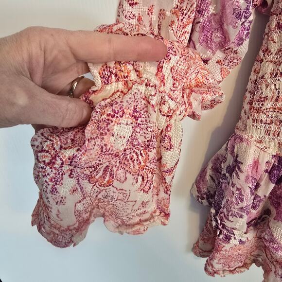 Hemant & Nandita Suki Mini Dress Floral Embroidered Smock Waist White Pink L NWT - Picture 14 of 15